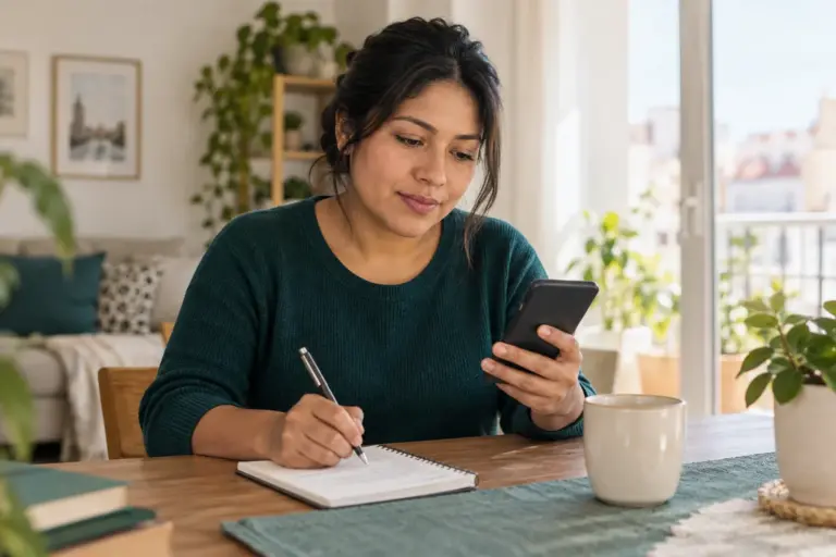 Mujer revisando su presupuesto con un cuaderno y un teléfono. Imagen ilustrativa generada con IA.