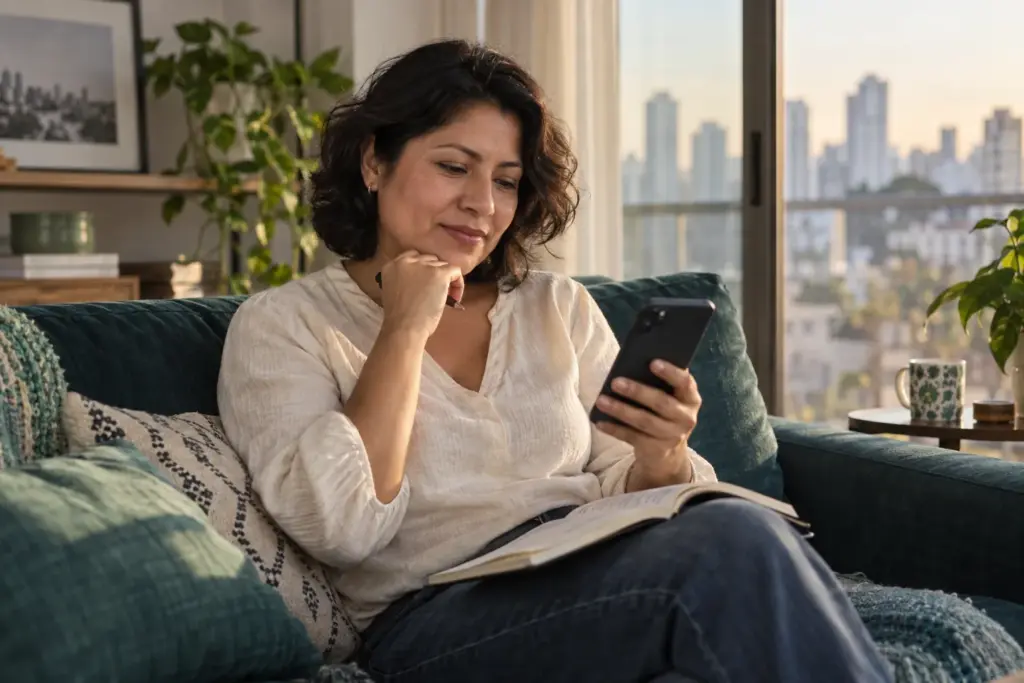 Mujer revisando su presupuesto con un teléfono y un cuaderno en el sofá. Imagen ilustrativa generada con IA.