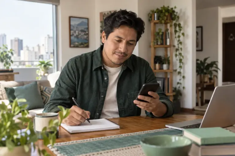 Hombre revisando un presupuesto en soles con un cuaderno y su teléfono. Imagen ilustrativa generada con IA.