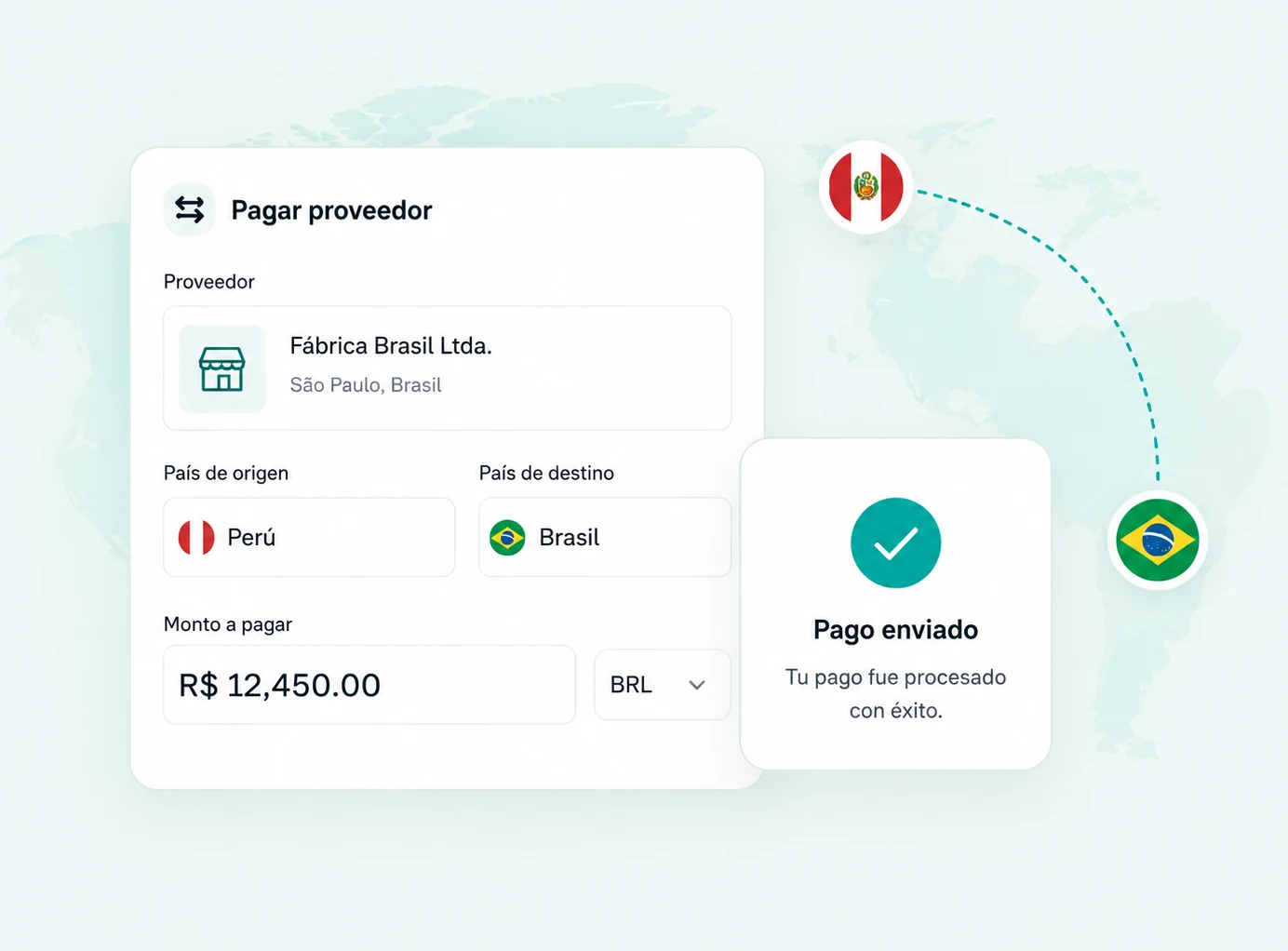 Pantalla de Remesas.com pagando a un proveedor en São Paulo desde Perú, con el pago enviado