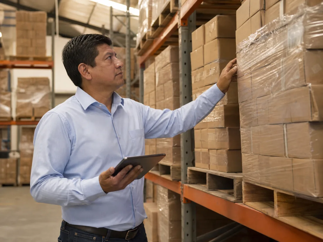 Comerciante mayorista revisando cajas de mercadería en su almacén