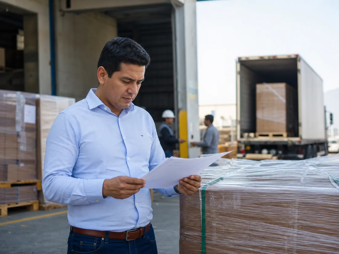 Empresario revisando documentos de embarque junto a pallets y un camión de carga
