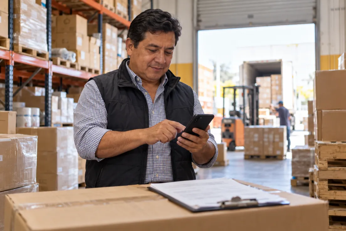 Importador peruano pagando a su proveedor desde el celular en su almacén